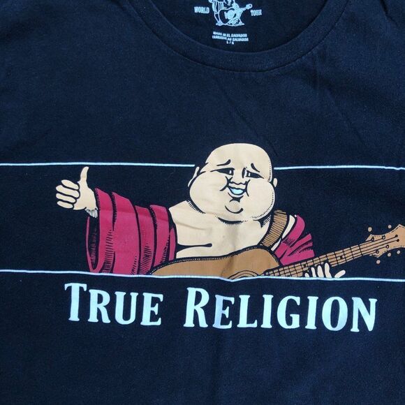 TRUE Religion T Shirt Peekaboo Buddha Large Black BIG LOGO - Picture 7 of 8